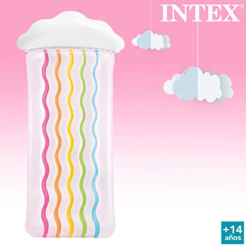 Intex 56804EU - Colchoneta hinchable INTEX, colchoneta nube, 86x180x25 cm, colchoneta para la playa, colchoneta con almohada, transparente con colores rosa, naranja, verde, amarillo y azul