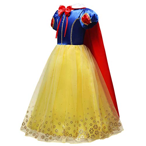 IWEMEK Traje de Princesa Blancanieves Disfraz de Carnaval con Cabo Accesorios 9pcs Vestido de Cosplay para Niñas Disfraces de Halloween Navidad Cumpleaños Comunión Fiesta 3-4 años