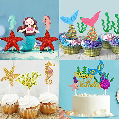 iZoeL 29 piezas de decoración para tarta de sirena, caballito de mar, cola de sirena, estrella de mar y estrella de mar, decoración de pastel para niña, bebé, fiesta de cumpleaños y baby shower