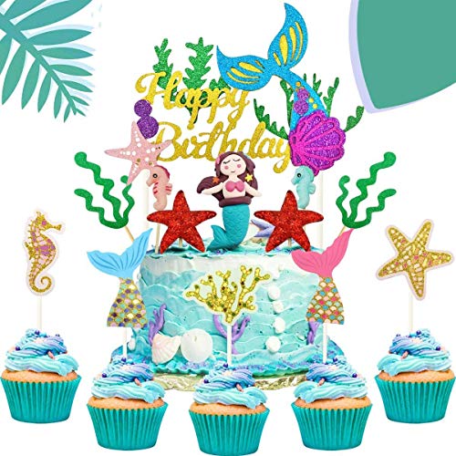 iZoeL 29 piezas de decoración para tarta de sirena, caballito de mar, cola de sirena, estrella de mar y estrella de mar, decoración de pastel para niña, bebé, fiesta de cumpleaños y baby shower