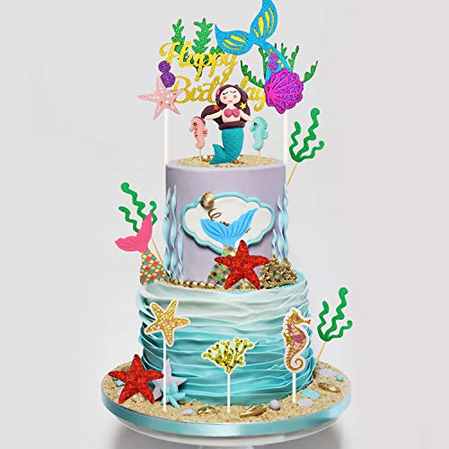 iZoeL 29 piezas de decoración para tarta de sirena, caballito de mar, cola de sirena, estrella de mar y estrella de mar, decoración de pastel para niña, bebé, fiesta de cumpleaños y baby shower