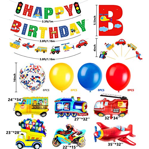 iZoeL Decoración de cumpleaños para niños Feliz Cumpleaños Banner Coches Escuela Autobús Tren Bomberos Camión Motocicleta Avión Globos Vehículos Transporte Pastel Topper Niños 1º 2º 3º 4º