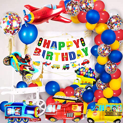 iZoeL Decoración de cumpleaños para niños Feliz Cumpleaños Banner Coches Escuela Autobús Tren Bomberos Camión Motocicleta Avión Globos Vehículos Transporte Pastel Topper Niños 1º 2º 3º 4º