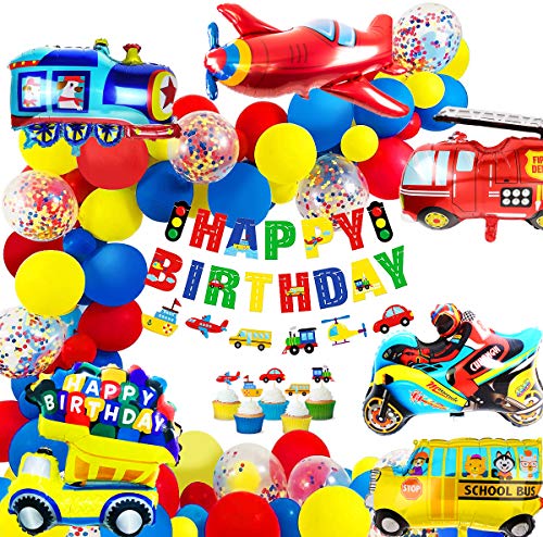 iZoeL Decoración de cumpleaños para niños Feliz Cumpleaños Banner Coches Escuela Autobús Tren Bomberos Camión Motocicleta Avión Globos Vehículos Transporte Pastel Topper Niños 1º 2º 3º 4º