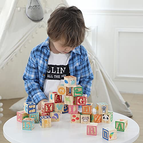 Jacootoys 36 Uds Bloques ABC de Madera Extra Grande Letras del Alfabeto Juego de Construcción Montessori Juguetes Educativos para Niños