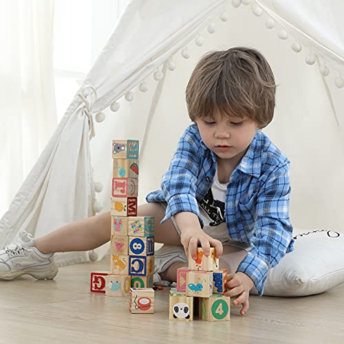 Jacootoys 36 Uds Bloques ABC de Madera Extra Grande Letras del Alfabeto Juego de Construcción Montessori Juguetes Educativos para Niños