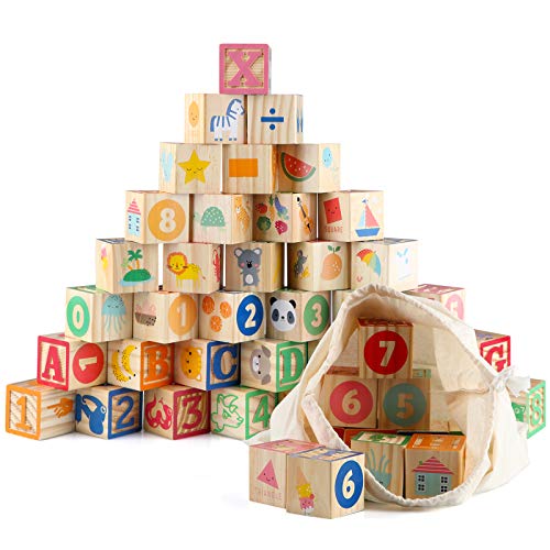 Jacootoys 36 Uds Bloques ABC de Madera Extra Grande Letras del Alfabeto Juego de Construcción Montessori Juguetes Educativos para Niños