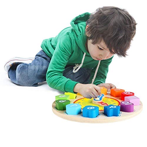 Jacootoys Juguetes de Reloj Madera Educativo Juegos Bloques de Clasificación con Numeros y Formas Geometricas para Aprender la Hora para Niños 3 4 5 Años