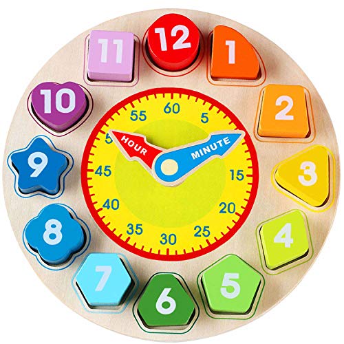 Jacootoys Juguetes de Reloj Madera Educativo Juegos Bloques de Clasificación con Numeros y Formas Geometricas para Aprender la Hora para Niños 3 4 5 Años