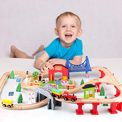 Jacootoys Tren Juguete Madera 80 Piezas Coches y Pista de Madera Bloques de Construcción Juguetes Educativos 3 4 5 6 Años Niños y Niñas