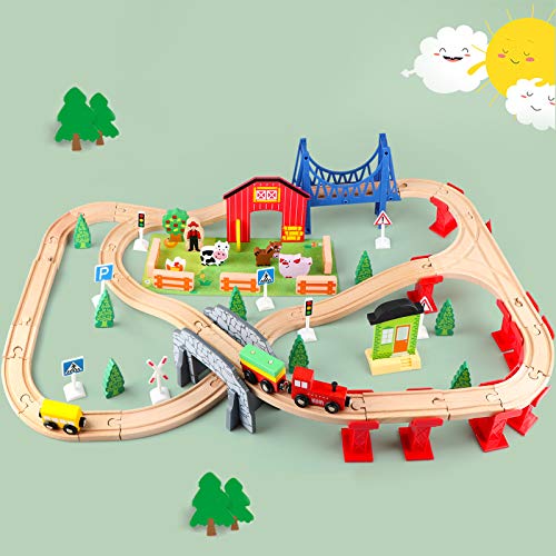 Jacootoys Tren Juguete Madera 80 Piezas Coches y Pista de Madera Bloques de Construcción Juguetes Educativos 3 4 5 6 Años Niños y Niñas