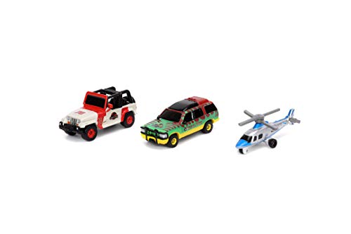 Jada Toys Jurassic Park 253251012 Juego de 3 Coches coleccionables A Nano de 1993, Ford Explorer, Jeep Wrangler 12, helicóptero A109, 4 cm, a Partir de 3 años