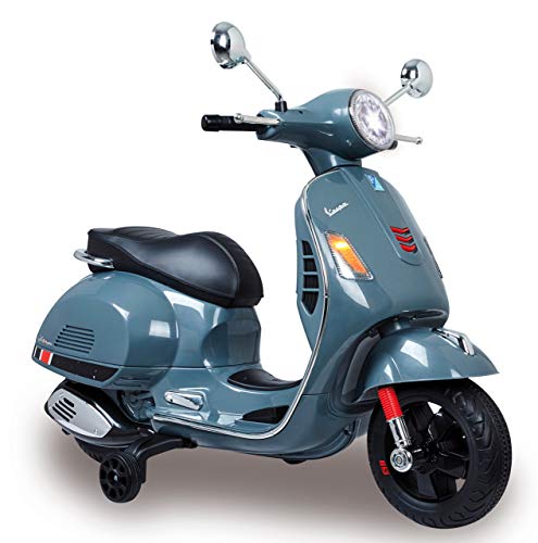 Jamara 460441 - Ride-on Vespa GTS Gris 12V – Asiente en Piel sintético, Ruedas de Goma Ultra-Grip, Claxon, Faro Led, Batería Potente, SD, AUX, USB