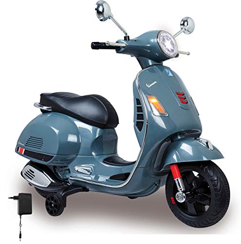 Jamara 460441 - Ride-on Vespa GTS Gris 12V – Asiente en Piel sintético, Ruedas de Goma Ultra-Grip, Claxon, Faro Led, Batería Potente, SD, AUX, USB