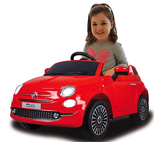 Jamara 460442 Ride-on Fiat 500 Rojo 12V-Arranque Suave sin Llave, MicroSD, AUX, USB, Faro LED, Ruidos, Claxon, 2 Motores, Batería Potente, Ruedas Ultra-Grip, Color