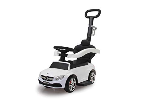 Jamara 460448 - Correpasillo Mercedes-AMG C 63 Blanco 3en1 – Antivuelco, Asiento en Piel sintética, Sonidos, Luces, Protección Lateral, Soporte con función de dirección