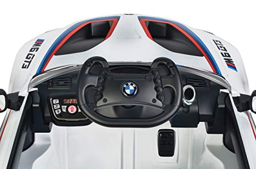 Jamara 460473 Ride-on BMW M6 GT3 Blanco - Potentes Motores de propulsión y batería para Larga duración de conducción, 3 velocidades, Amortiguador, Conector AUX, Anillo de Goma Ultra-Grip, Faros LED