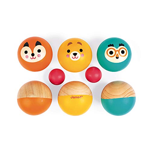 Janod - Happy Garden - Juego de Petanca en Madera para Niños, 6 Bolas y 2 Boliches, para Exteriores - Desde Los 3 Años, J03199