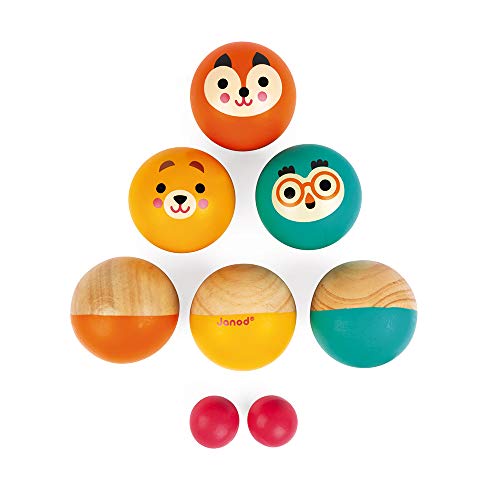 Janod - Happy Garden - Juego de Petanca en Madera para Niños, 6 Bolas y 2 Boliches, para Exteriores - Desde Los 3 Años, J03199