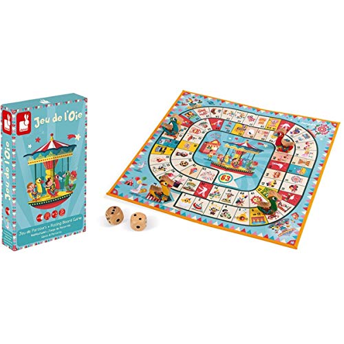 Janod - J02743 - Juego de la oca con diseño de tiovivo, juego familiar con figuritas de madera para niños a partir de 4 años