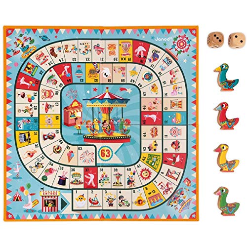 Janod - J02743 - Juego de la oca con diseño de tiovivo, juego familiar con figuritas de madera para niños a partir de 4 años