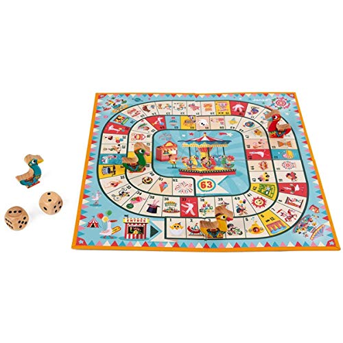 Janod - J02743 - Juego de la oca con diseño de tiovivo, juego familiar con figuritas de madera para niños a partir de 4 años