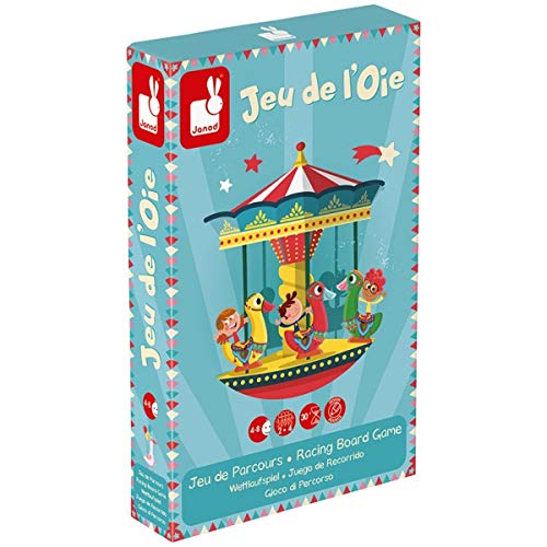 Janod - J02743 - Juego de la oca con diseño de tiovivo, juego familiar con figuritas de madera para niños a partir de 4 años