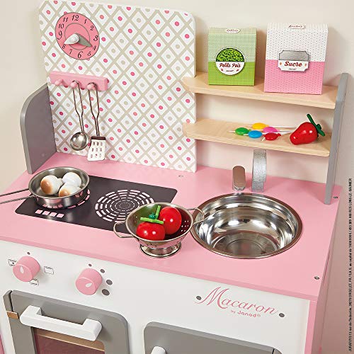 Janod- Macaron Cocina de Juquete, Color rosado y blanco, 53 x 30 x 78 cm (Jura Toys J06567)