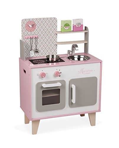 Janod- Macaron Cocina de Juquete, Color rosado y blanco, 53 x 30 x 78 cm (Jura Toys J06567)