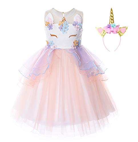 JerrisApparel Disfraz Unicornio Niña Volantes Flor Boda Partido Princesa Vestido (3-4 años, Naranja)