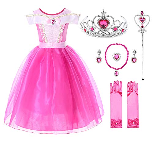 JerrisApparel Niña Princesa Aurora Disfraz Vestir Bella Durmiente Vestito (8 años, por la Tobillo con Accesorios)