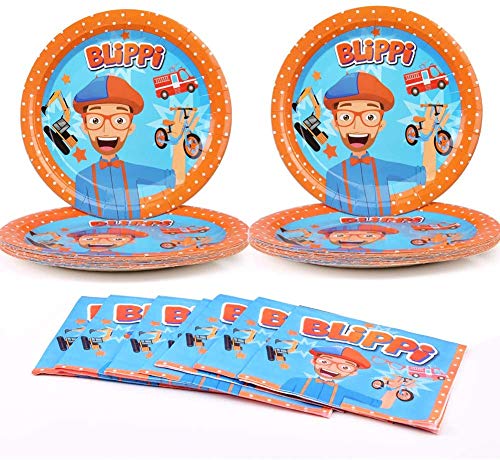 JIMAO Blippi suministros para fiesta de cumpleaños Blippi Party Vajilla decoraciones de cumpleaños Paquete de fiesta para niños, incluye 40 platos, 20 servilletas