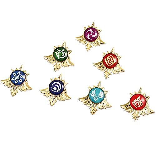 Jiumaocleu Genshin Impact Badges Keqing Klee Luminous Alloy Unisex Badge Anime Game Merch Accesorios para disfraces 7 Elements Mond Eyes Lucky Badge para Halloween Party Navidad