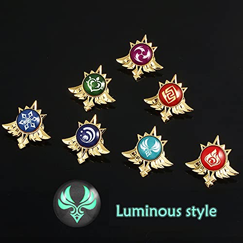 Jiumaocleu Genshin Impact Badges Keqing Klee Luminous Alloy Unisex Badge Anime Game Merch Accesorios para disfraces 7 Elements Mond Eyes Lucky Badge para Halloween Party Navidad