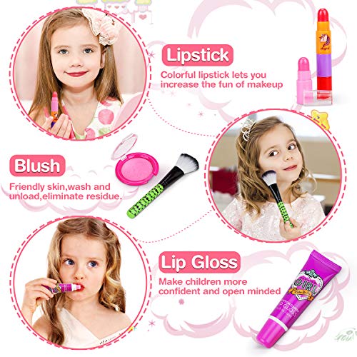 Jojoin 19PCS Maquillaje Niña, Maquillaje para Niñas Lavables, 2 Horquilla, 2 Sombra de Ojos, 1 Lápiz Labial, 3 Esmalte de uñas en Forma de Corazón, Bolsa Portátil Maquillaje de Juguete Niñas Regalo