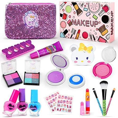 Jojoin 19PCS Maquillaje Niña, Maquillaje para Niñas Lavables, 2 Horquilla, 2 Sombra de Ojos, 1 Lápiz Labial, 3 Esmalte de uñas en Forma de Corazón, Bolsa Portátil Maquillaje de Juguete Niñas Regalo