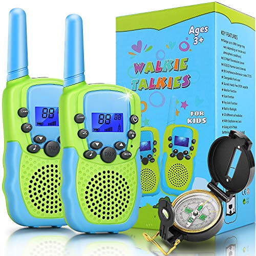 Jojoin 2 pcs Walkie Talkie Niños con 8/20/22 Canales de BandaEstrecha, Larga Distancia 3km, Función Vox, 10 Tonos de Llamada, con Linterna y Brújula, Regalo y Juguete para Niños o Niñas Más de 3 años