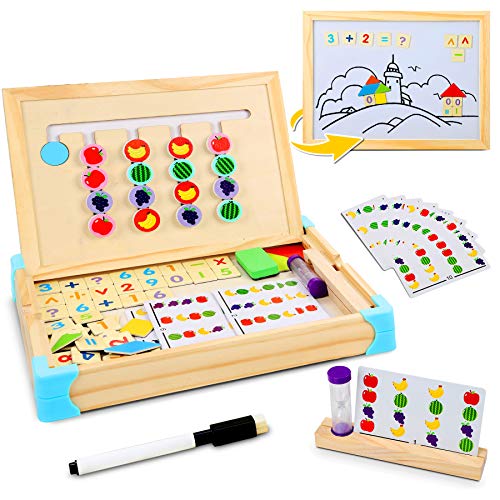 Jojoin Juego Tablero de Rompecabeza de Madera Lógico, Juguete Montessori Juego de Madera Puzzle Infantile con 10 Tarjeta de Patrón, Reloj de Arena, Pizarra y Rompecabeza Magnética de Figura y Número