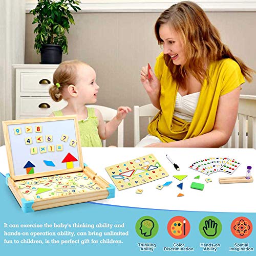 Jojoin Juego Tablero de Rompecabeza de Madera Lógico, Juguete Montessori Juego de Madera Puzzle Infantile con 10 Tarjeta de Patrón, Reloj de Arena, Pizarra y Rompecabeza Magnética de Figura y Número