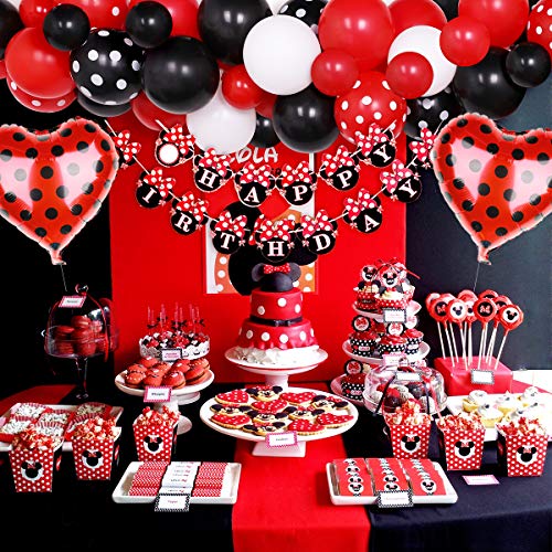 Jollyboom Suministros de decoración de Fiesta de cumpleaños de Minnie Kit de Arco de Guirnalda de Globos de Minnie Rojo y Negro para niños 1er 2do 3er 4to cumpleaños