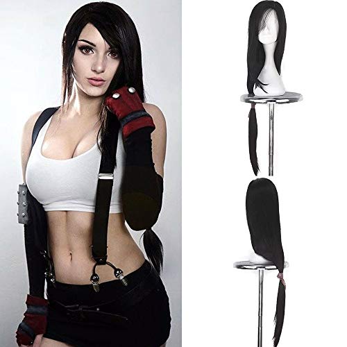 JOMICO Tifa Pelucas de Cosplay Lockhart para mujeres Anime sintético ninguno encaje largo negro recto con flequillo lateral peluca Halloween Chritsmas mascarada fiesta Pelucas