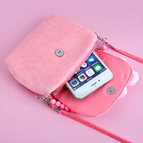 Joyas para niños Niñas Bolso de Peluche, Comius Sharp Bolso Princesa, Bolsos para con Flores de Fieltro con Cuentas Mini Bolso, Crossbody Para Pequeñas, Collar Pulsera Anillo Pinzas de Conjunto (Pink)