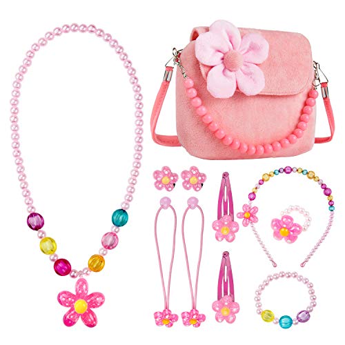 Joyas para niños Niñas Bolso de Peluche, Comius Sharp Bolso Princesa, Bolsos para con Flores de Fieltro con Cuentas Mini Bolso, Crossbody Para Pequeñas, Collar Pulsera Anillo Pinzas de Conjunto (Pink)