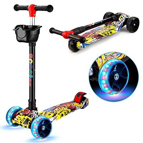 Joyhoop Patinete Niño Plegable Patinete 3 Ruedas - Patinete Niño 2 Años a 14 Años Patinete Niña y Niño Regalos de Juguete, Ajustable Altura con 3 Luz LED, con Decoración para Molinos y Cintas.