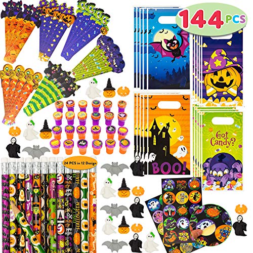 JOYIN 144 Piezas, 24 Unidades, Surtido de Artículos de Papelería Temática de Halloween, incluye Lápices, Reglas, Pegatinas, Sellos y Borradores en Regalo para Niños Truco o Trato