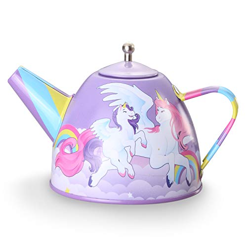 JOYIN Juego de tetera de lata con forma de castillo de unicornio morado para fiestas de té y cocina de niños