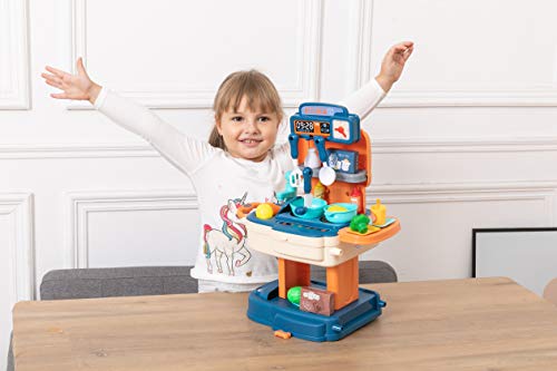 JOYIN Little Kitchen Pretend juego con mochila portátil para niños, utensilios de cocina incluyendo comida de juego, ollas, sartenes, utensilios de cocina y otros accesorios para niñas y niños