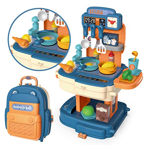 JOYIN Little Kitchen Pretend juego con mochila portátil para niños, utensilios de cocina incluyendo comida de juego, ollas, sartenes, utensilios de cocina y otros accesorios para niñas y niños