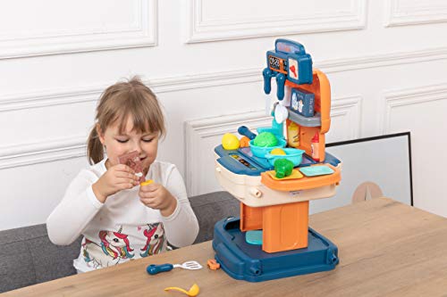 JOYIN Little Kitchen Pretend juego con mochila portátil para niños, utensilios de cocina incluyendo comida de juego, ollas, sartenes, utensilios de cocina y otros accesorios para niñas y niños