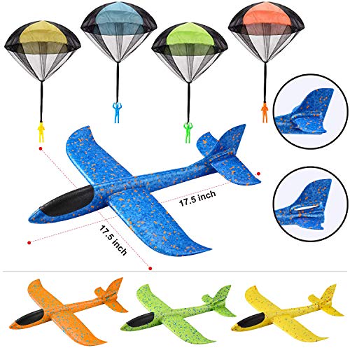 JOYIN Paquete de 4 Aviones de Espuma 2 en 1 y Juego de 4 paracaídas, Aviones de Planeador de Vuelo, Grandes Aviones de Espuma de Lanzamiento y paracaídas, Juguetes voladores para niños al Aire Libre